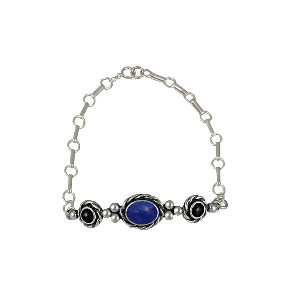 Sterling Silver Gemstone Adjustable Chain Bracelet With Lapis Lazuli And Black Onyx